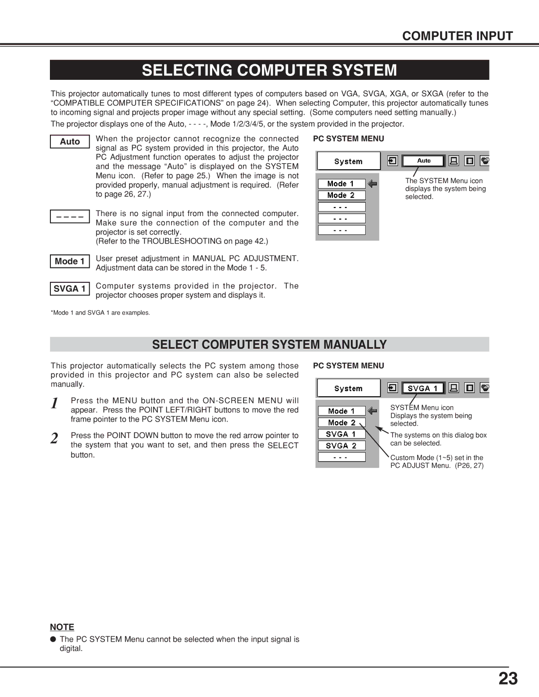 Eiki LC-XB10 owner manual Selecting Computer System, Computer Input, Select Computer System Manually, Svga 