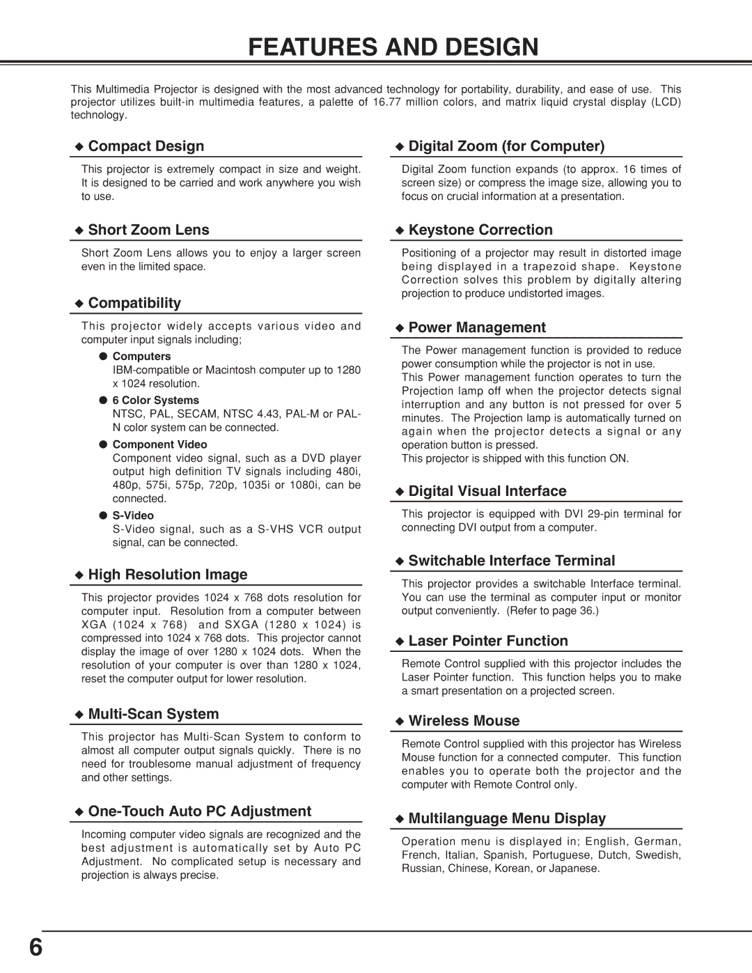 Eiki LC-XB10 owner manual Features and Design, Computers, Color Systems, Component Video 