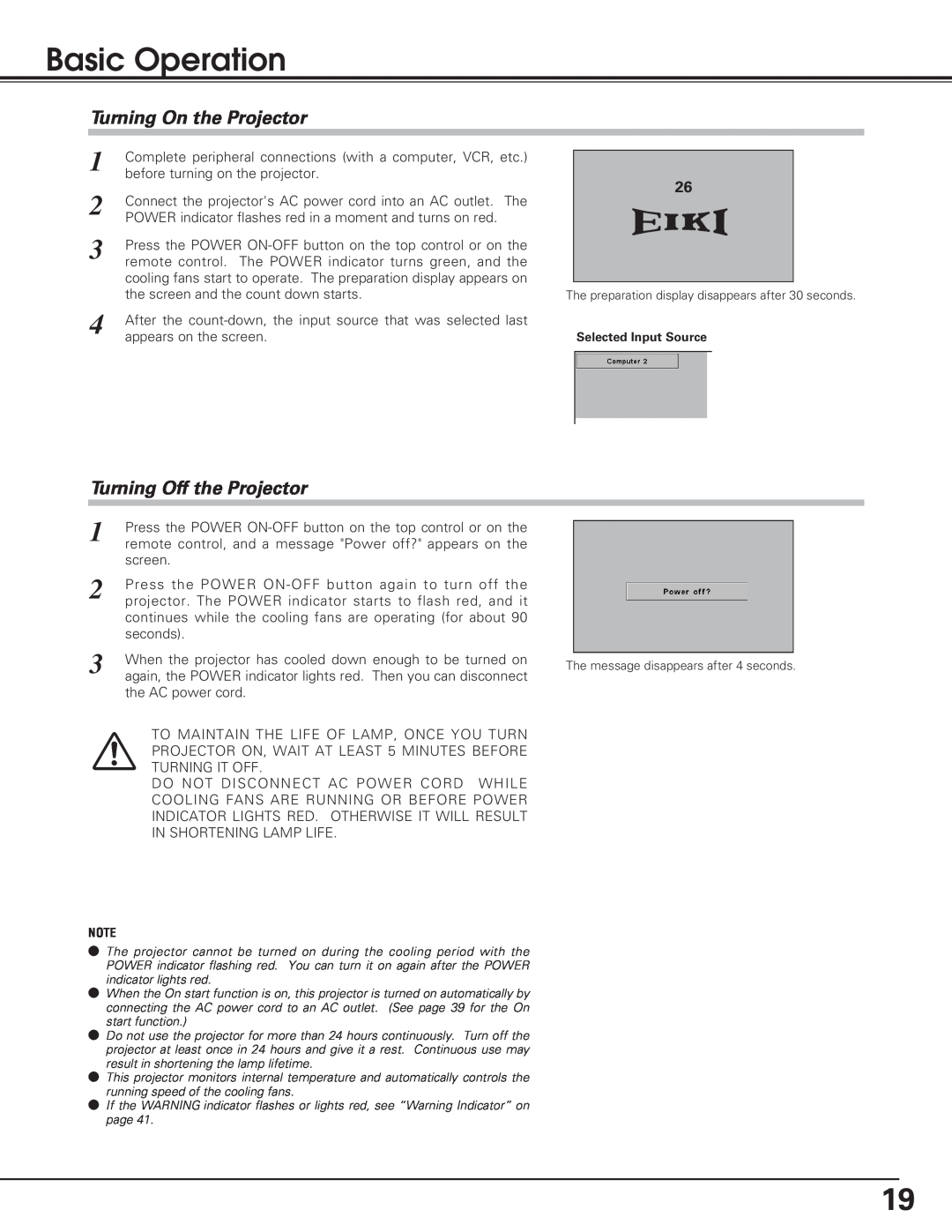 Eiki LC-XB15 owner manual Basic Operation, Turning On the Projector, Turning Off the Projector 