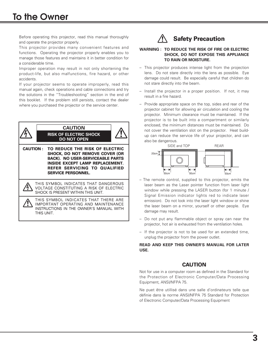 Eiki LC-XB15 owner manual To the Owner, Safety Precaution, Risk Of Electric Shock Do Not Open 