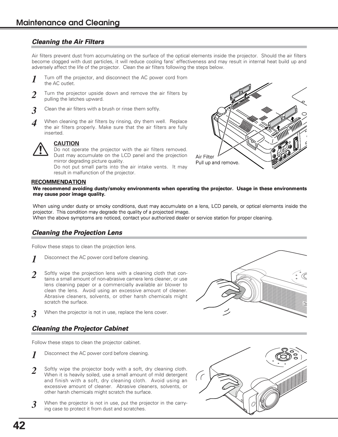Eiki LC-XB15 owner manual Maintenance and Cleaning, Cleaning the Air Filters, Cleaning the Projection Lens 
