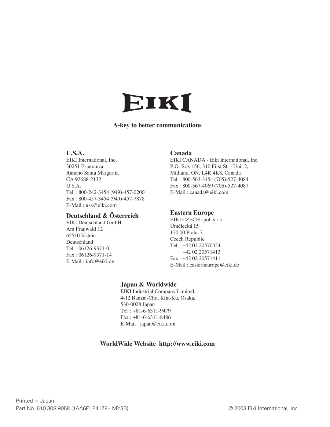 Eiki LC-XB15 A-key to better communications, U.S.A, Canada, Deutschland & Österreich, Eastern Europe, Japan & Worldwide 