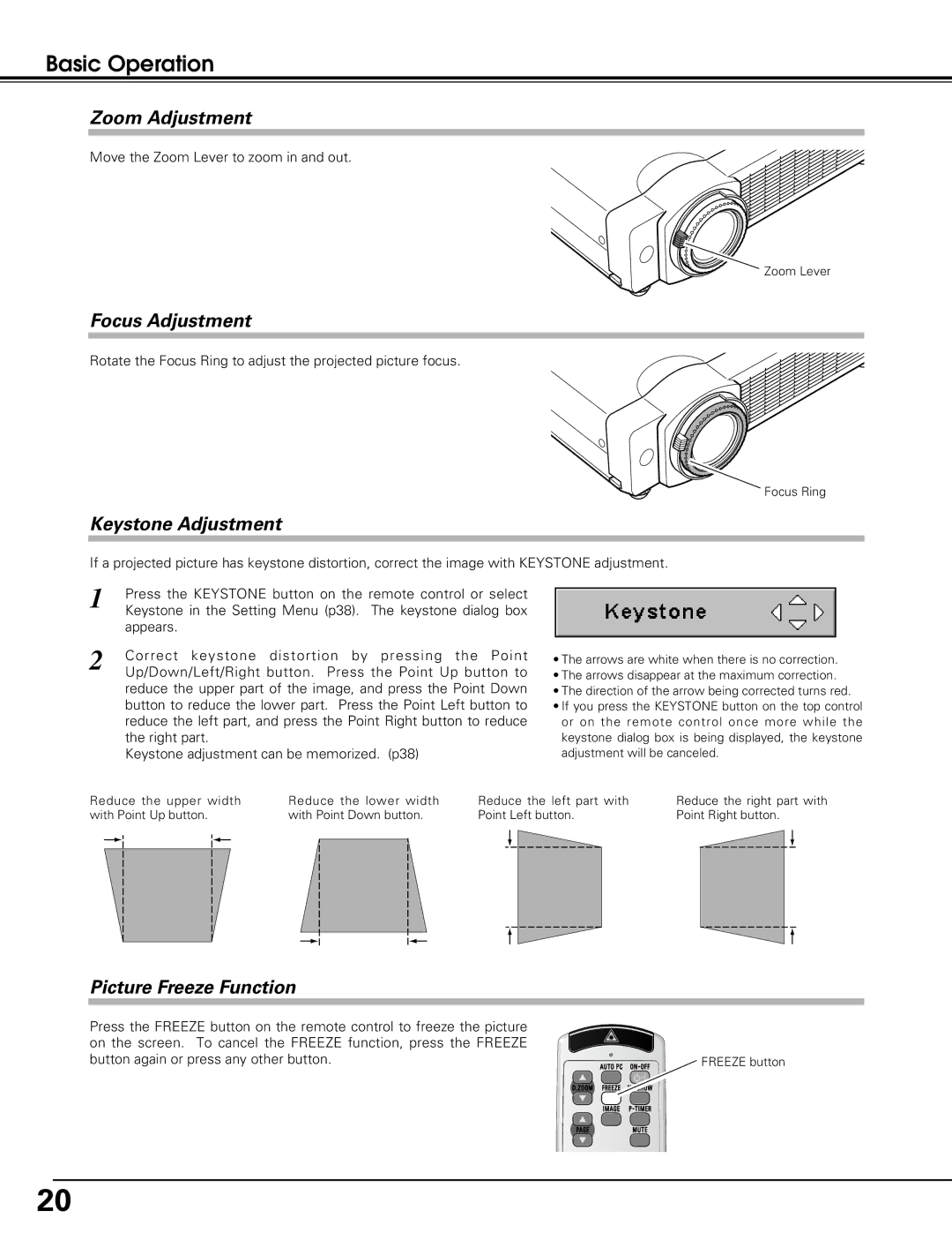 Eiki LC-XB15 owner manual Basic Operation, Zoom Adjustment, Focus Adjustment, Keystone Adjustment, Picture Freeze Function 