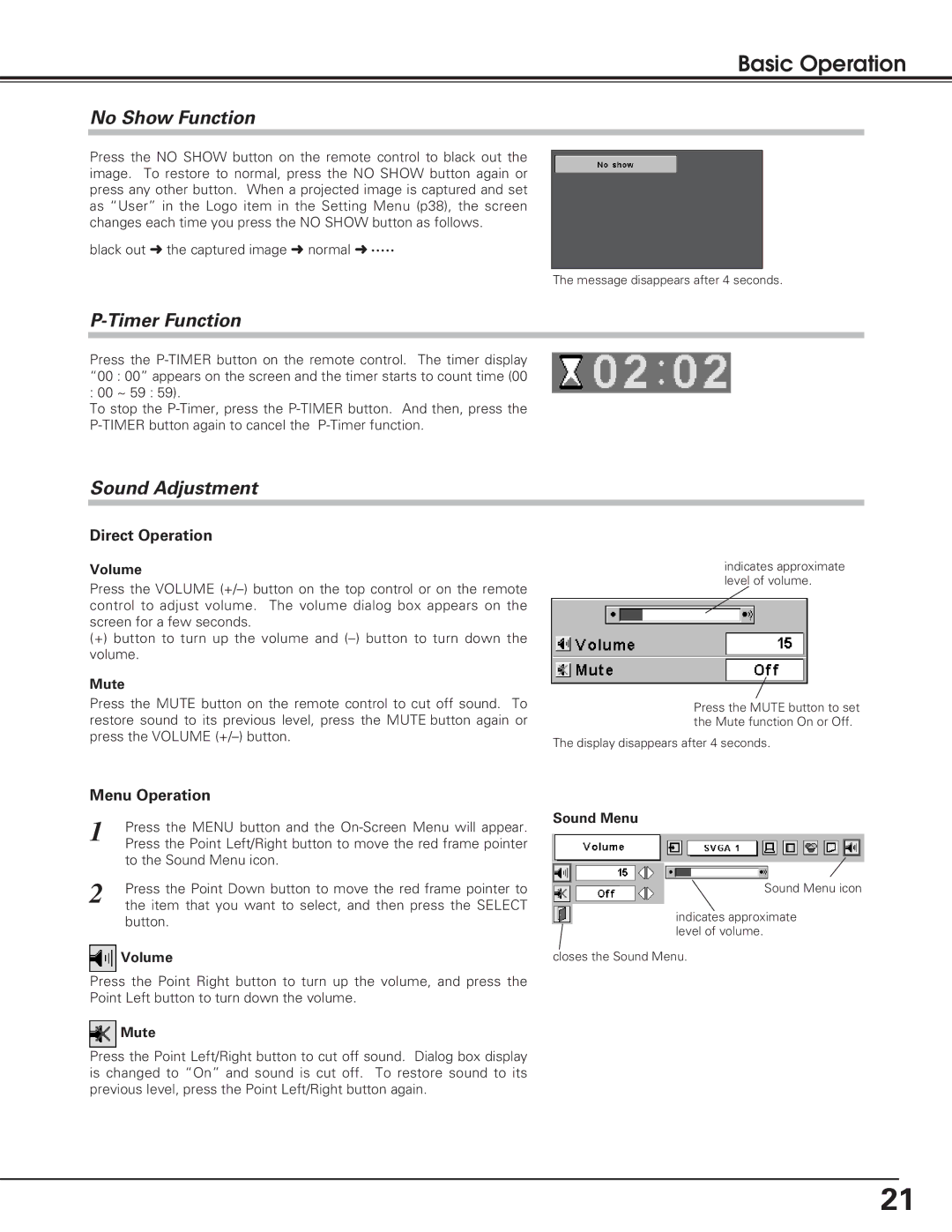 Eiki LC-XB15 owner manual No Show Function, Timer Function, Sound Adjustment, Direct Operation, Menu Operation 