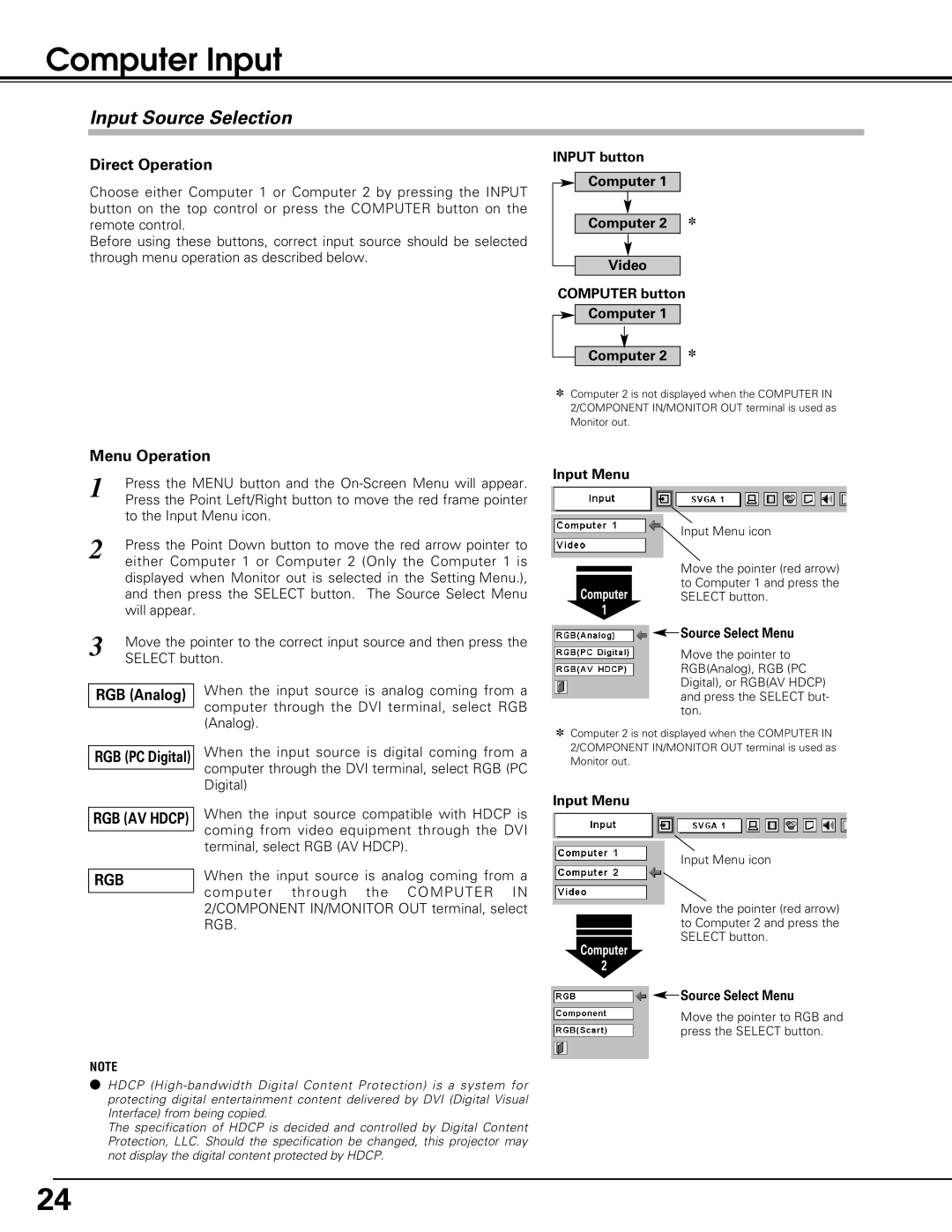 Eiki LC-XB15 owner manual Computer Input, Input Source Selection 