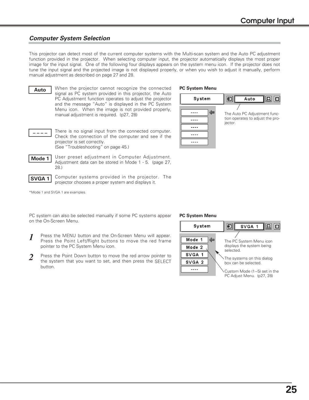 Eiki LC-XB15 owner manual Computer Input, Computer System Selection, Auto, Mode, PC System Menu 