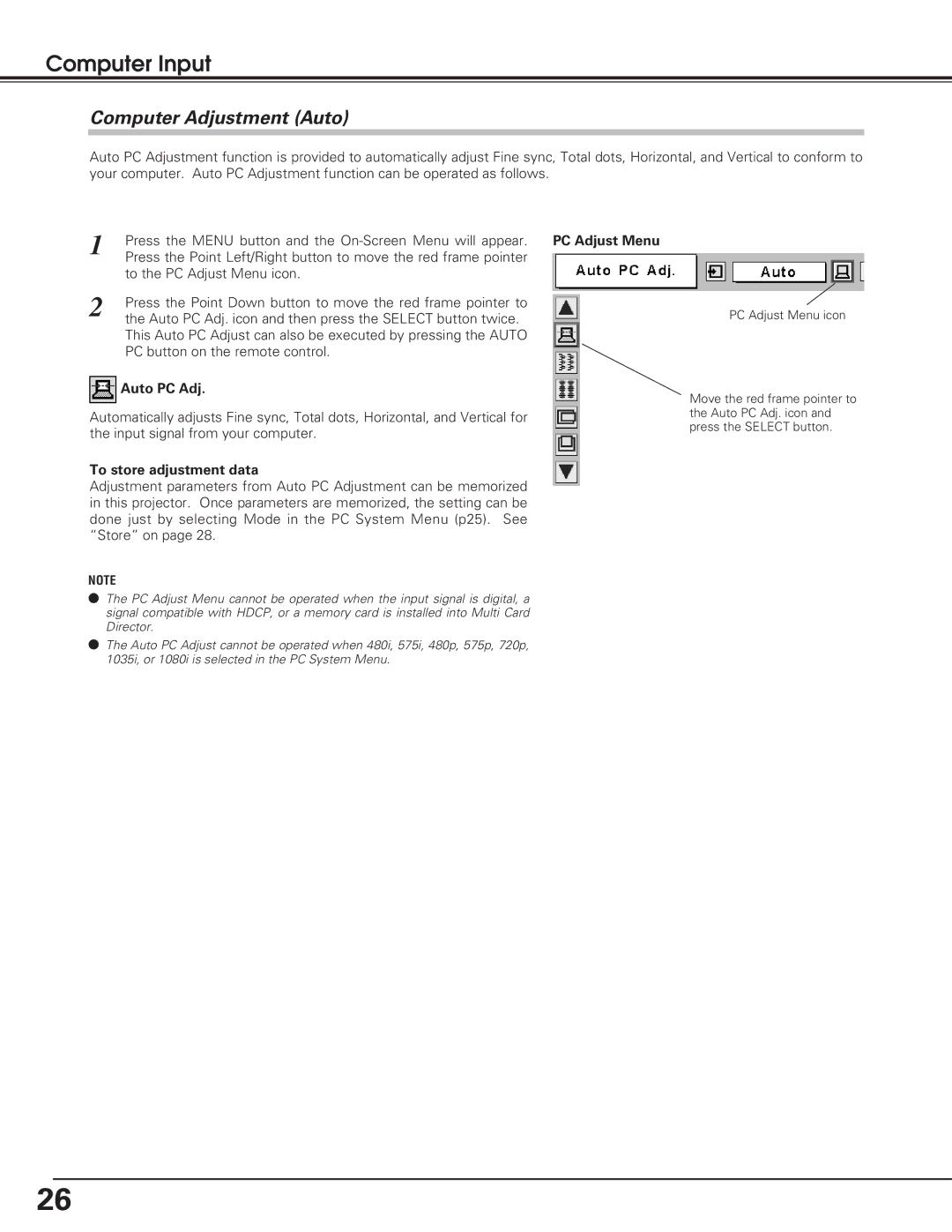 Eiki LC-XB15 owner manual Computer Adjustment Auto, Auto PC Adj, To store adjustment data 