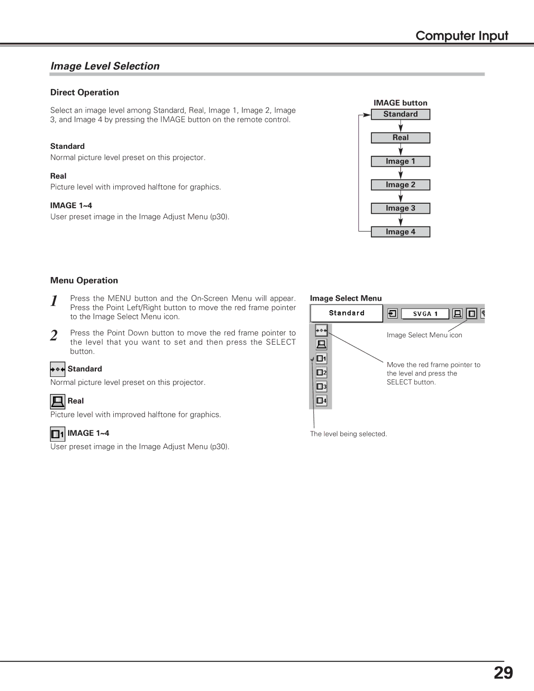 Eiki LC-XB15 owner manual Image Level Selection, Image button Standard Real, Image Select Menu 