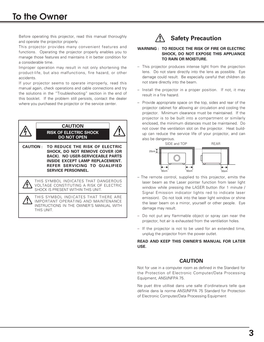 Eiki LC-XB15 owner manual To the Owner, Risk of Electric Shock Do not Open 