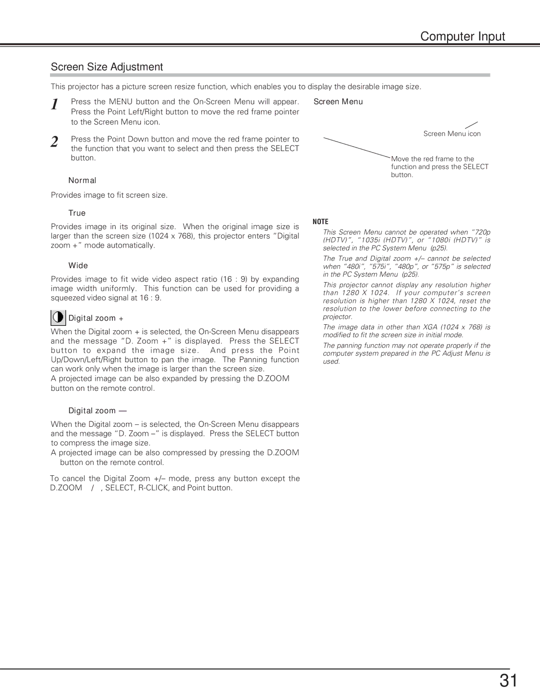 Eiki LC-XB15 owner manual Screen Size Adjustment 