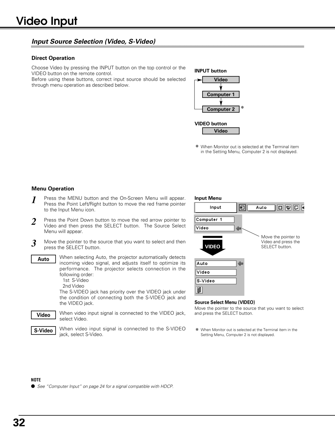 Eiki LC-XB15 Video Input, Input Source Selection Video, S-Video, Input button Video Computer Video button Video, Auto 