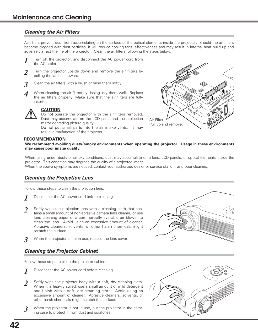 Eiki LC-XB15 owner manual Maintenance and Cleaning, Cleaning the Air Filters, Cleaning the Projection Lens 