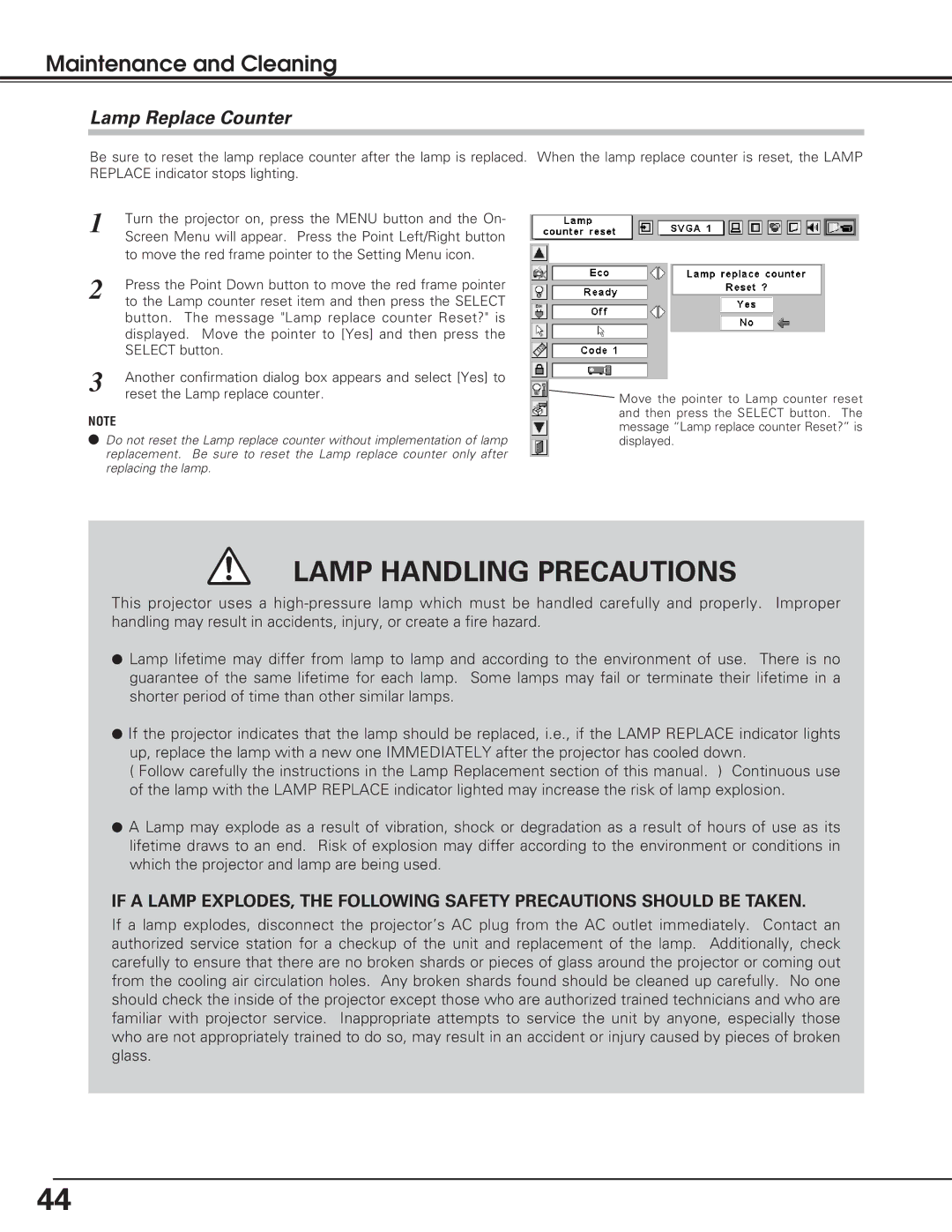 Eiki LC-XB15 owner manual Lamp Replace Counter, When the lamp replace counter is reset, the Lamp 