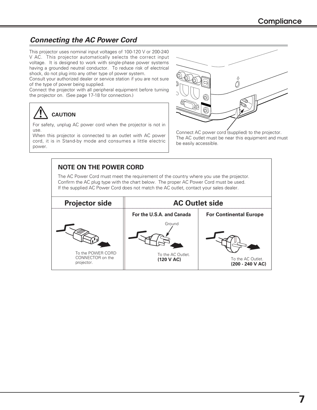 Eiki LC-XB15 owner manual Compliance, For Continental Europe, For the U.S.A. and Canada, 200 240 V AC 