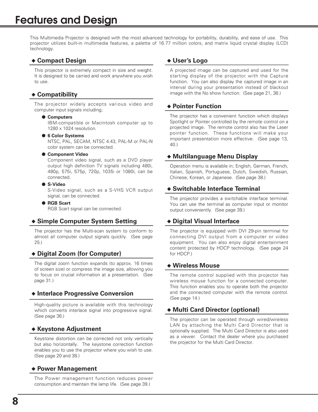 Eiki LC-XB15 owner manual Features and Design 