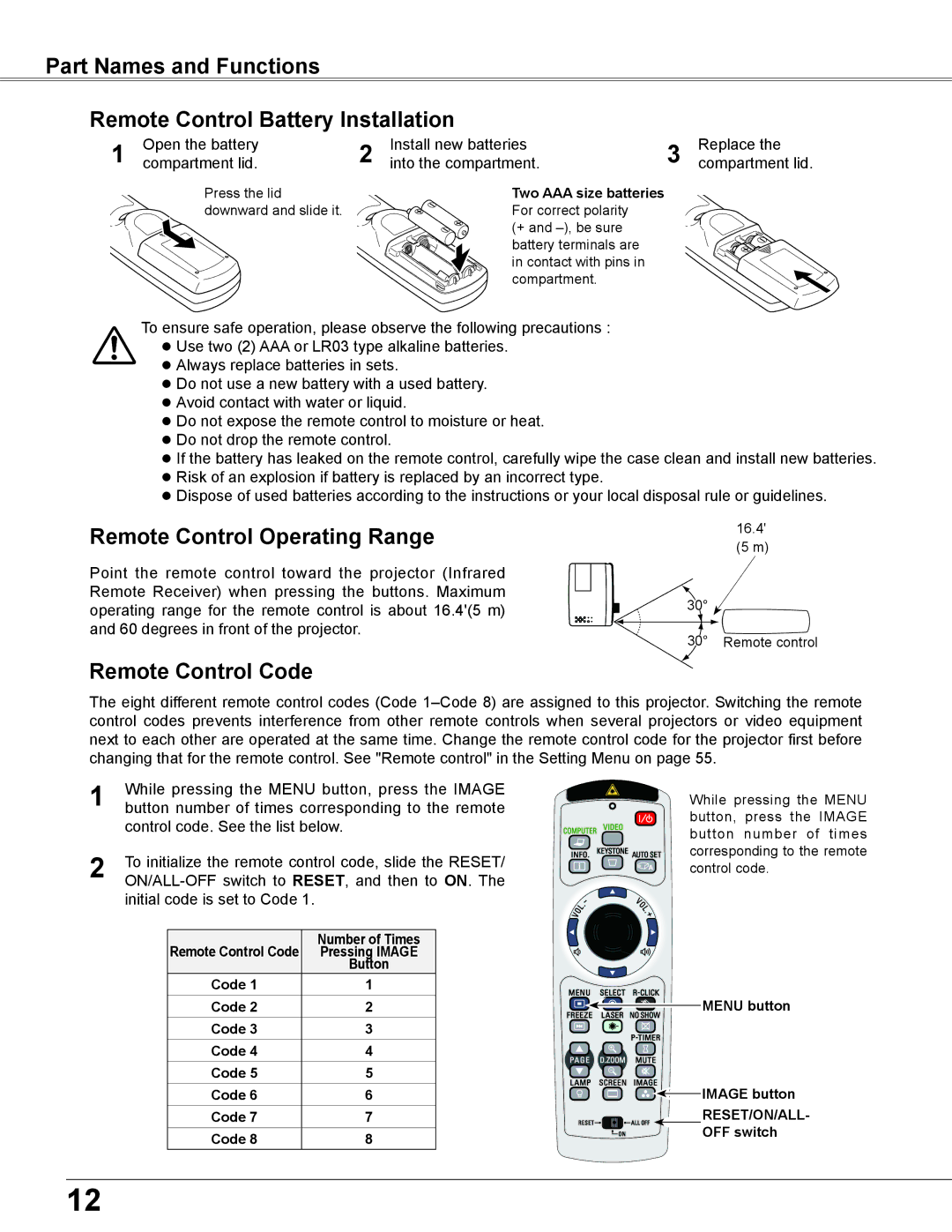 Eiki LC-XB200 owner manual Remote Control Operating Range, Remote Control Code 