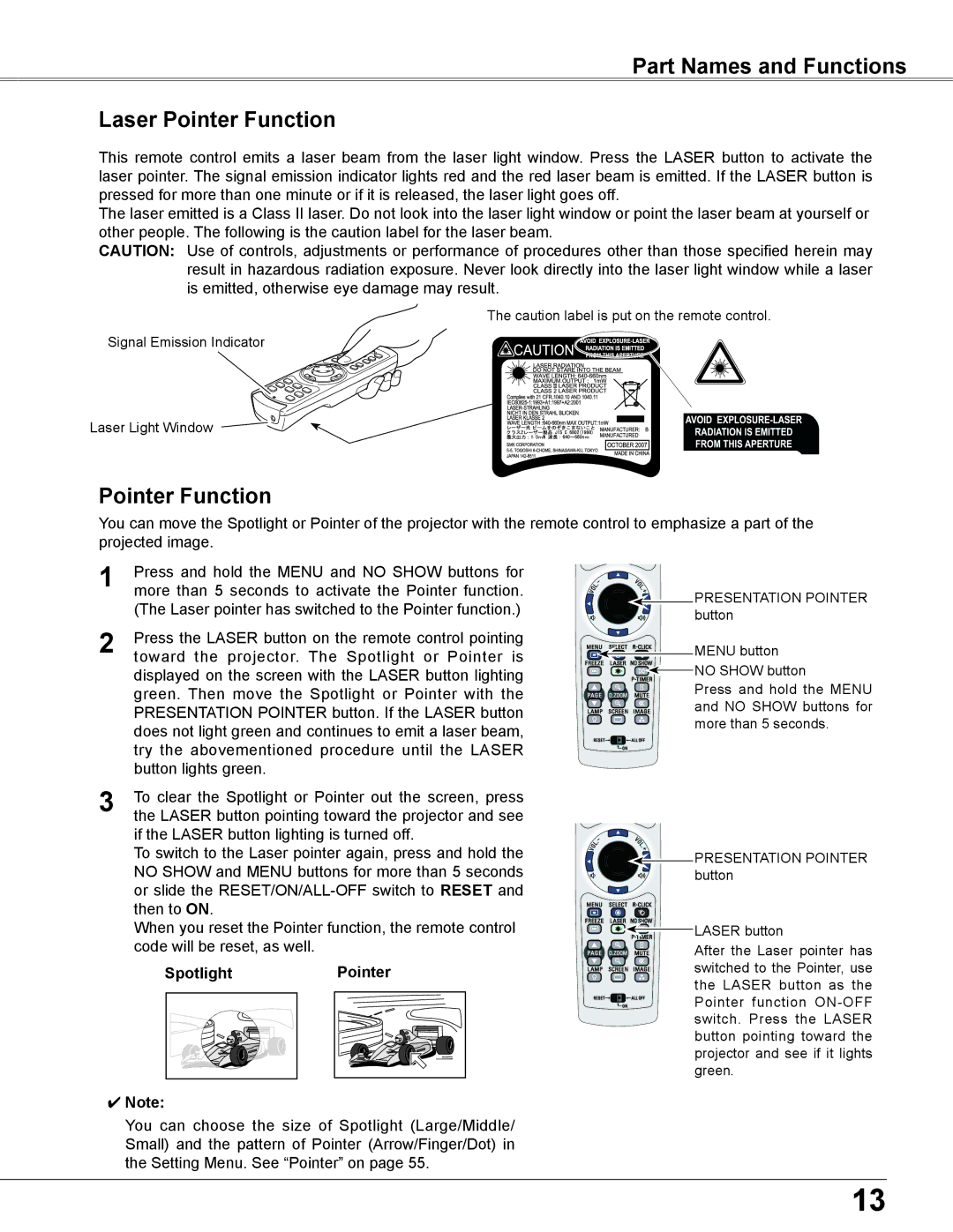 Eiki LC-XB200 owner manual Part Names and Functions Laser Pointer Function, Spotlight 