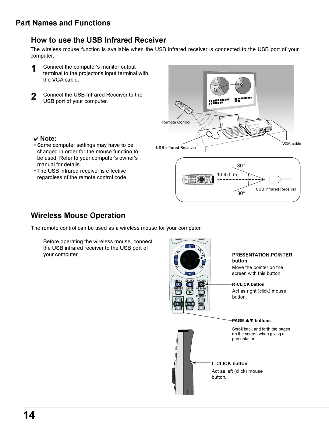 Eiki LC-XB200 owner manual Wireless Mouse Operation, Connect the USB Infrared Receiver to, Your computer 