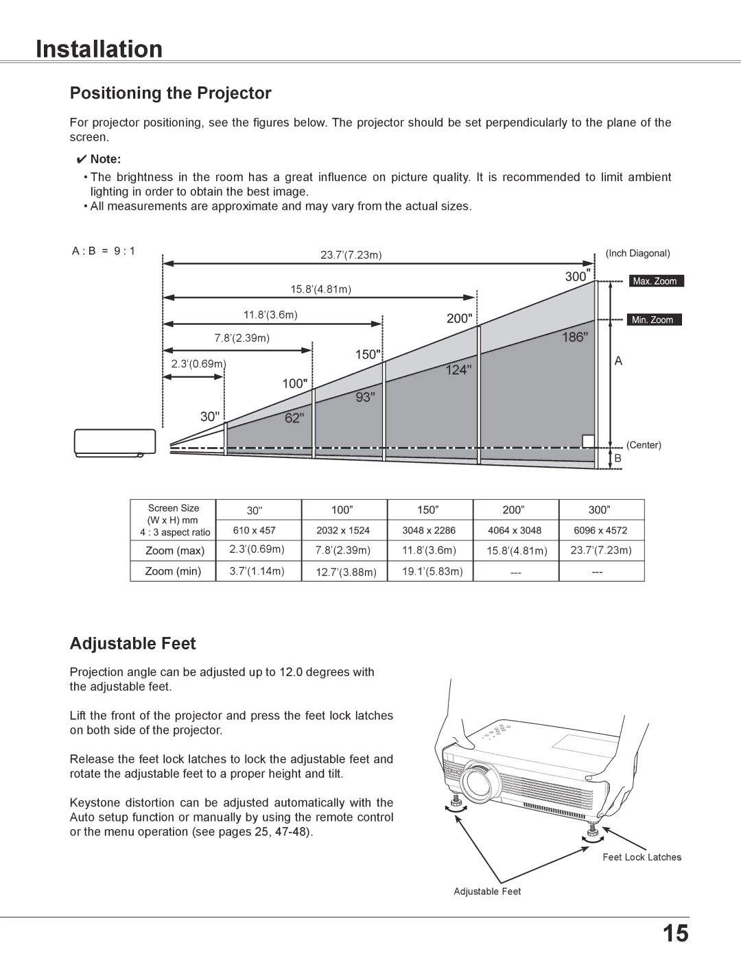 Eiki LC-XB200 owner manual Installation, Positioning the Projector, Adjustable Feet 