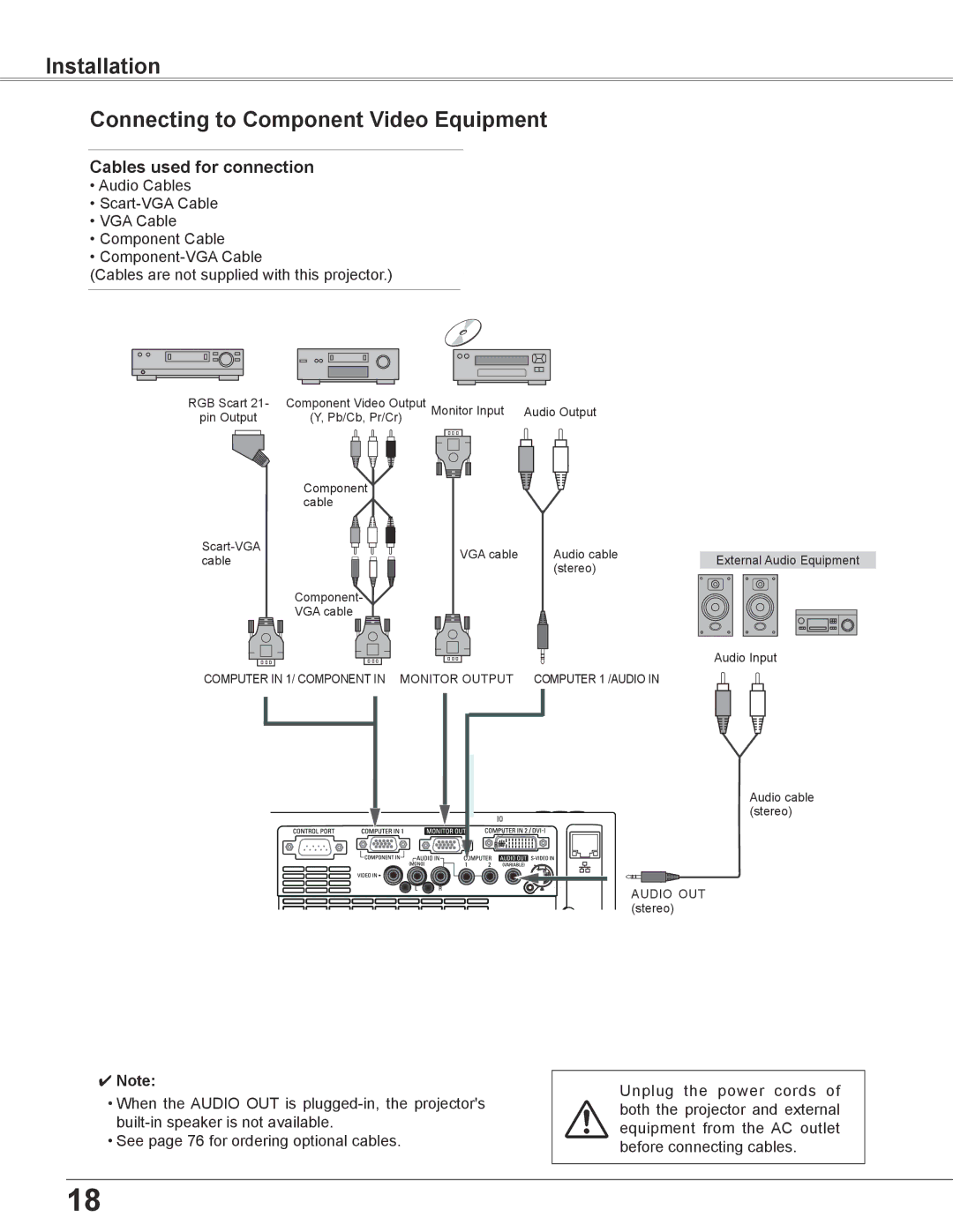 Eiki LC-XB200 owner manual Installation Connecting to Component Video Equipment 