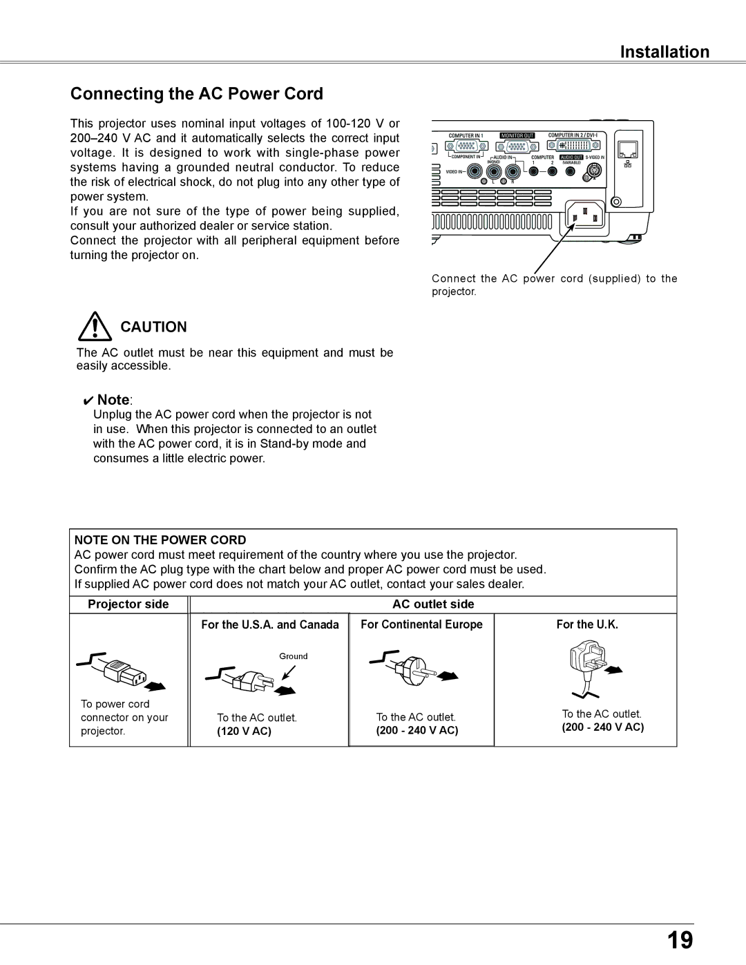 Eiki LC-XB200 owner manual Installation Connecting the AC Power Cord, Projector side AC outlet side 