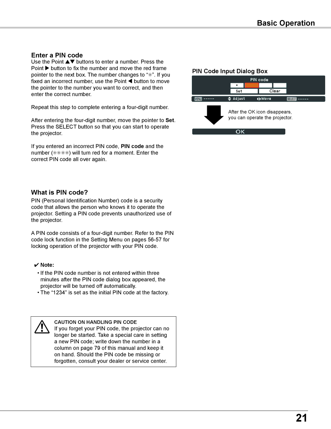 Eiki LC-XB200 owner manual Basic Operation, Enter a PIN code, What is PIN code?, PIN Code Input Dialog Box 