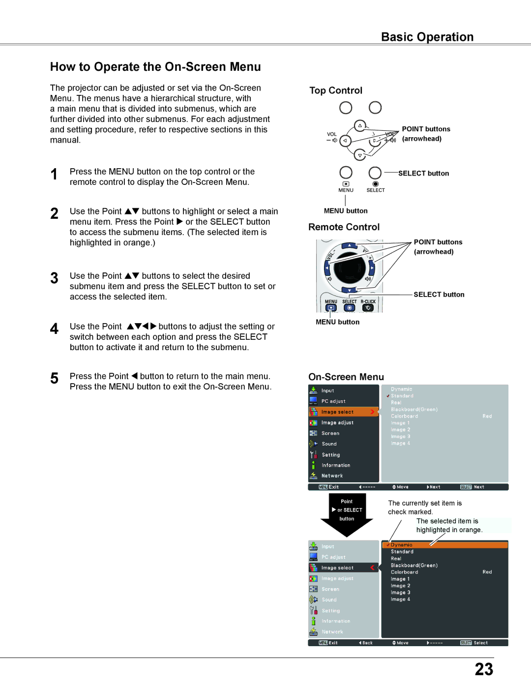 Eiki LC-XB200 owner manual Basic Operation How to Operate the On-Screen Menu, Top Control, Remote Control 