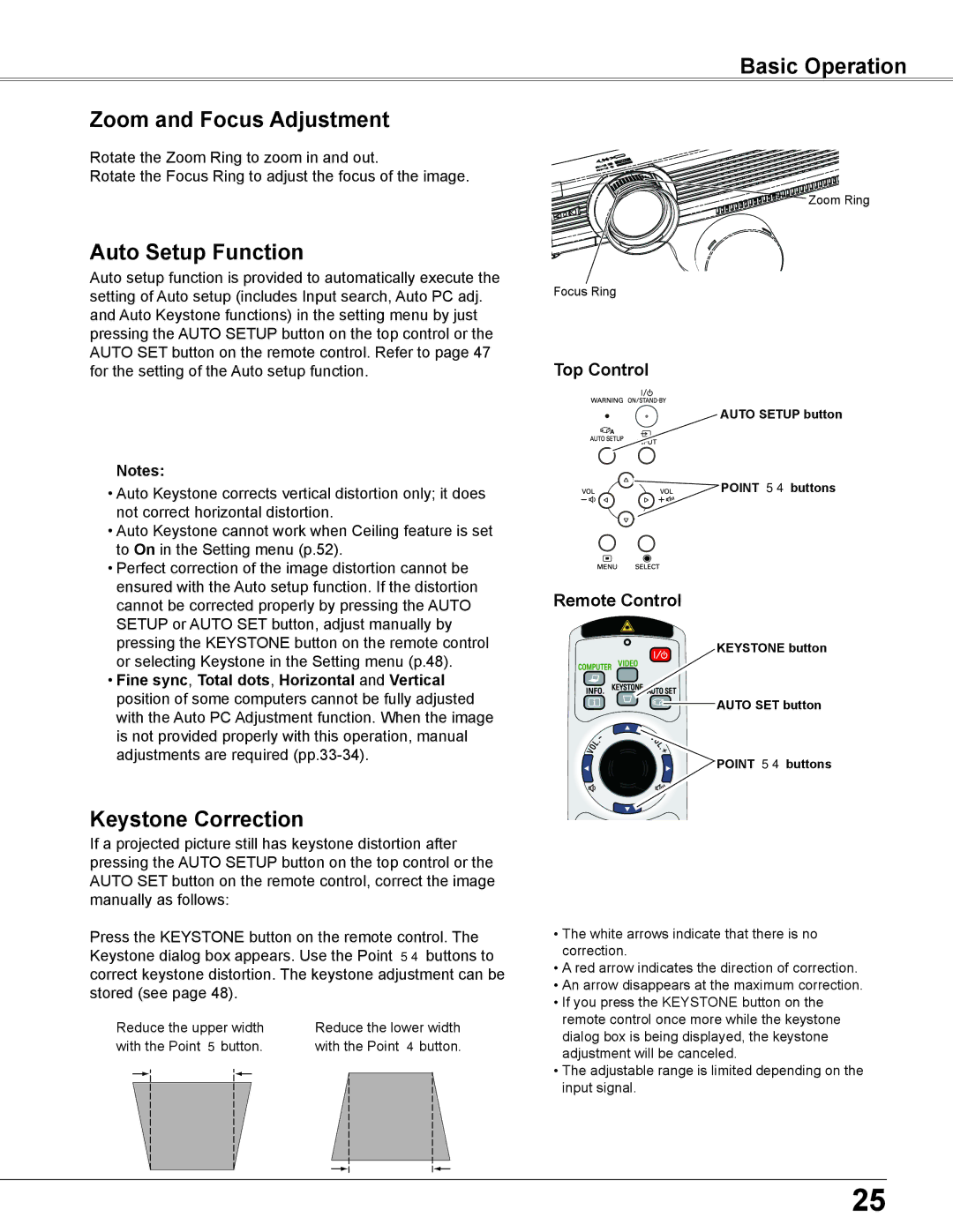 Eiki LC-XB200 owner manual Basic Operation Zoom and Focus Adjustment, Auto Setup Function, Keystone Correction 