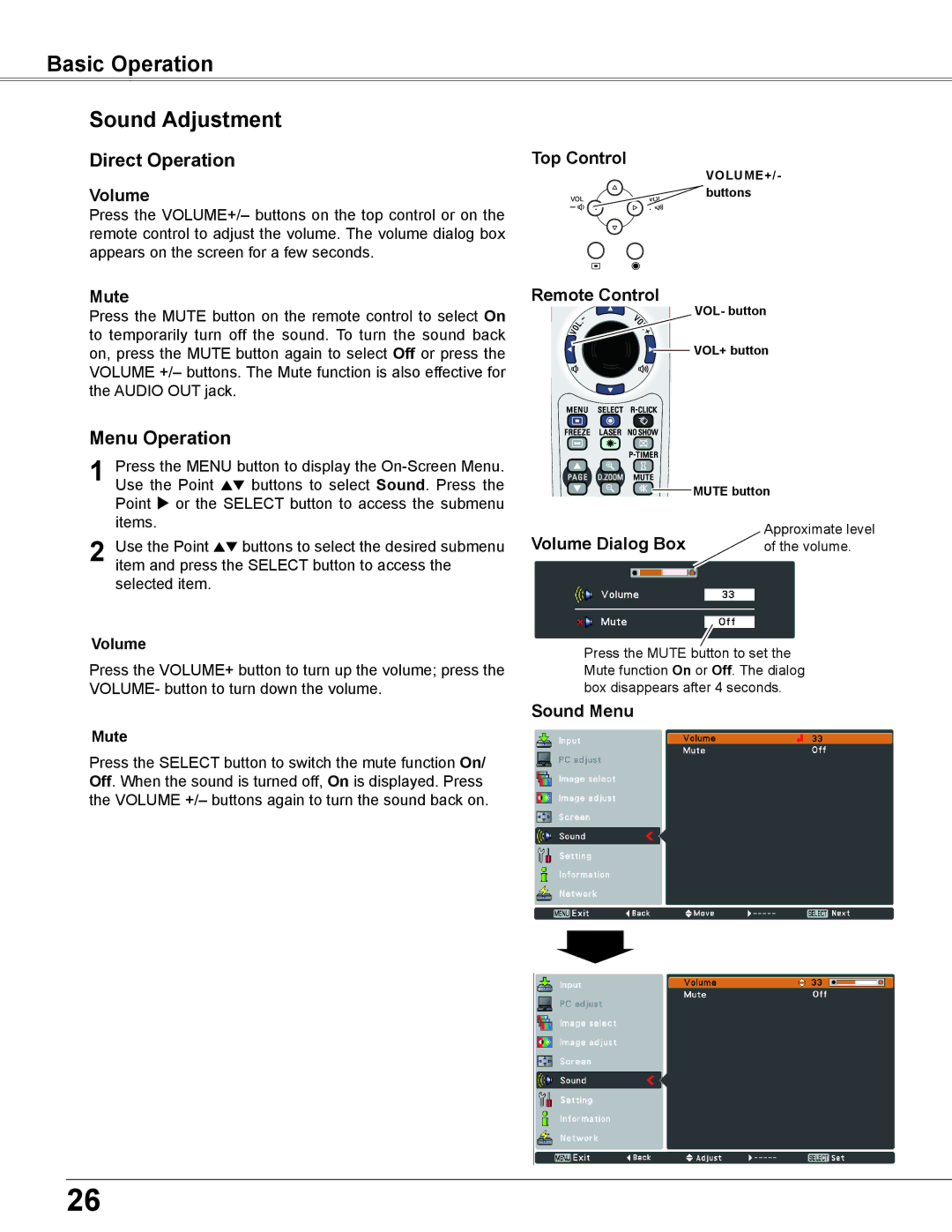 Eiki LC-XB200 owner manual Basic Operation Sound Adjustment, Direct Operation, Menu Operation 