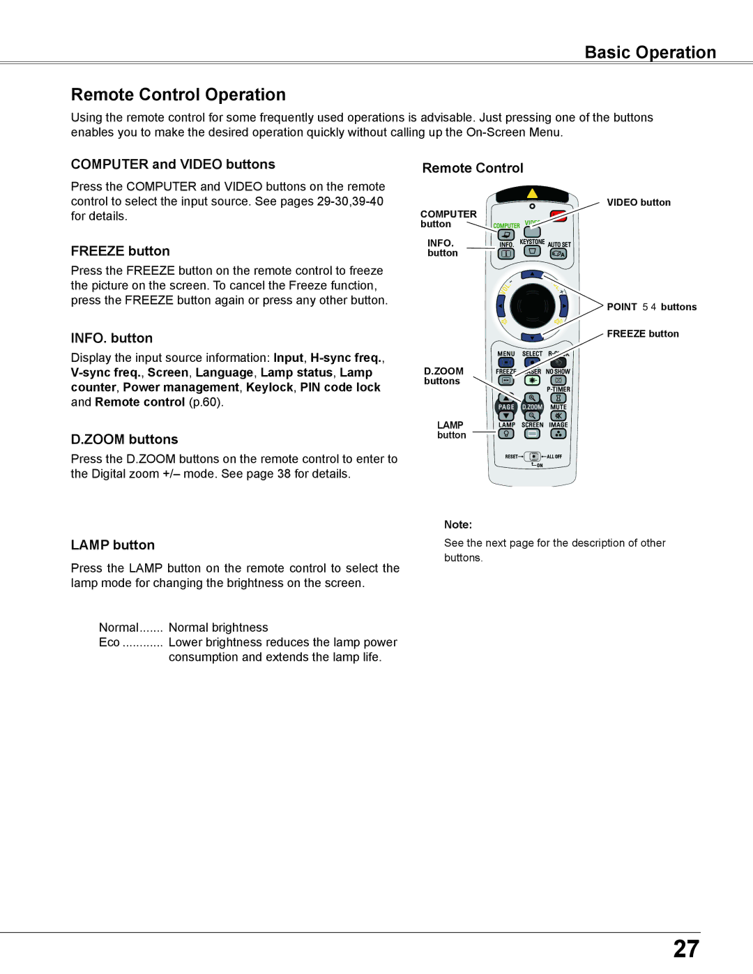 Eiki LC-XB200 owner manual Basic Operation Remote Control Operation 