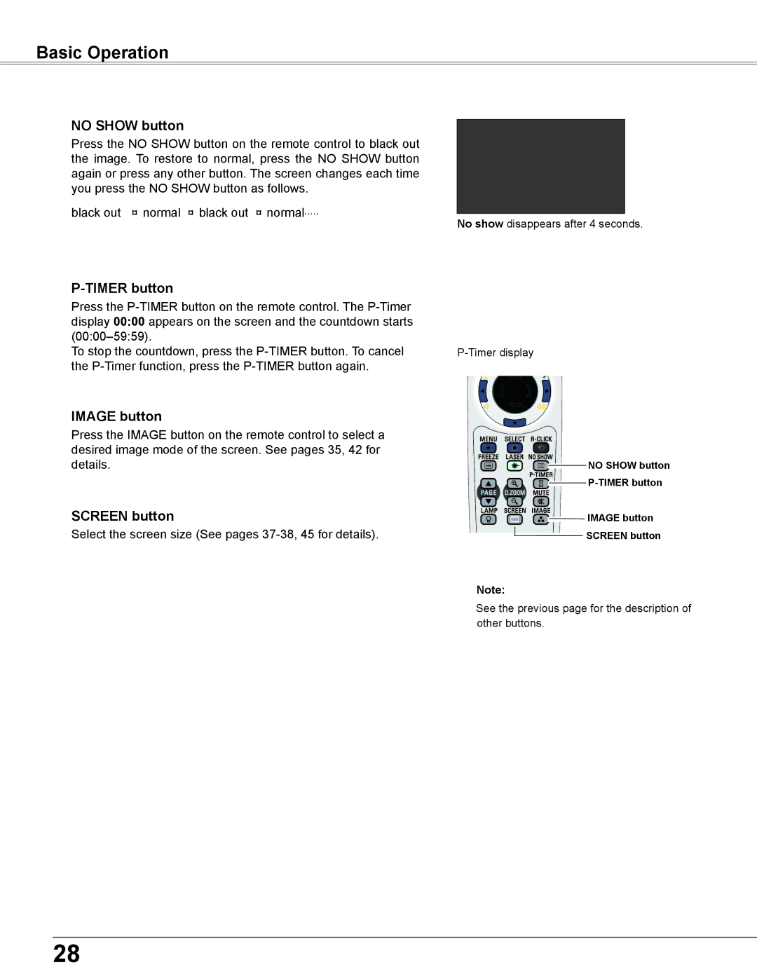 Eiki LC-XB200 owner manual No Show button, Timer button, Image button, Screen button 