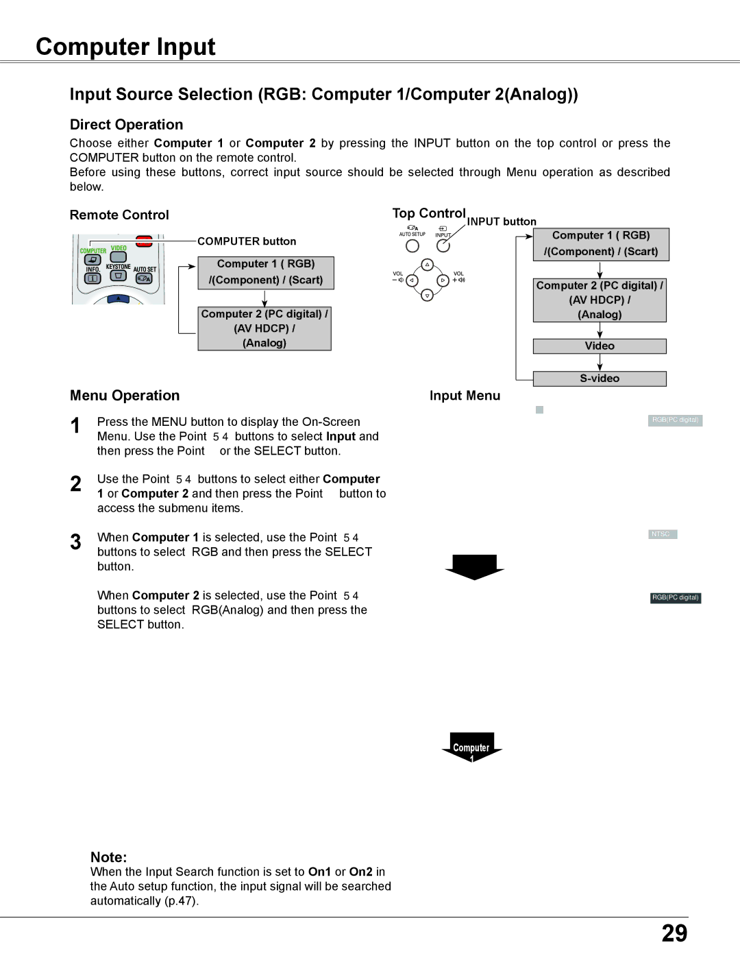 Eiki LC-XB200 owner manual Computer Input, Input Source Selection RGB Computer 1/Computer 2Analog, Input Menu 