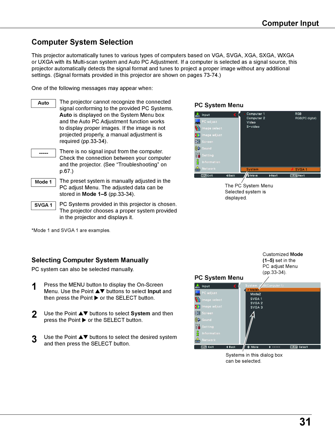 Eiki LC-XB200 owner manual Computer Input Computer System Selection, Selecting Computer System Manually, PC System Menu 