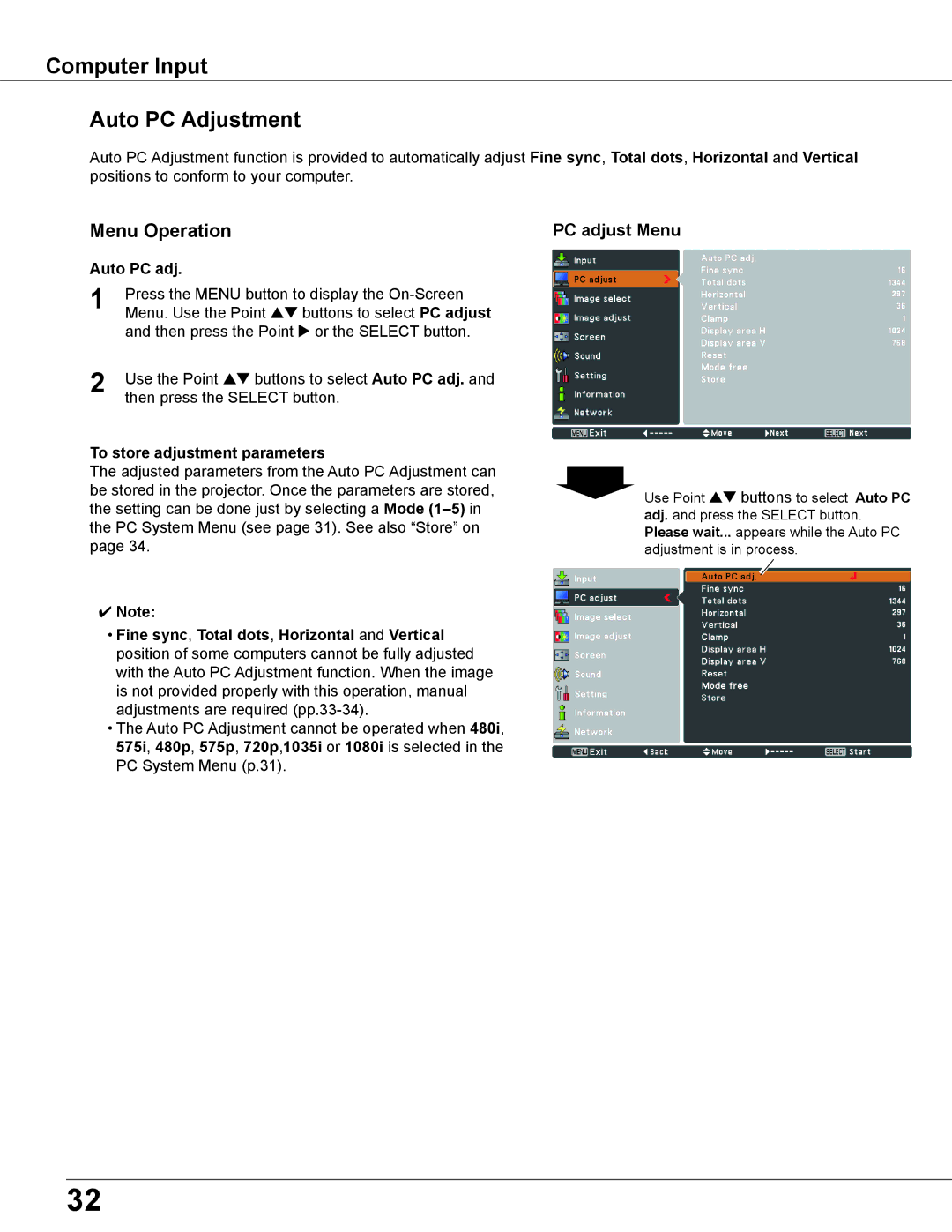 Eiki LC-XB200 owner manual Computer Input Auto PC Adjustment, PC adjust Menu, Auto PC adj, To store adjustment parameters 