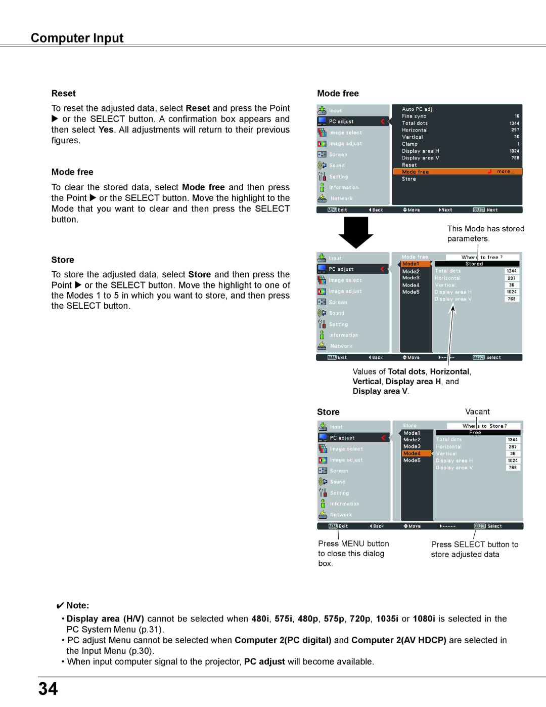 Eiki LC-XB200 owner manual Computer Input, Reset, Mode free, Store 