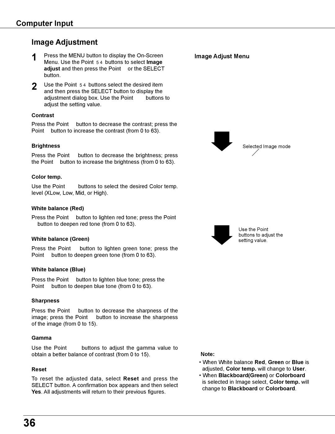 Eiki LC-XB200 owner manual Computer Input Image Adjustment, Image Adjust Menu 