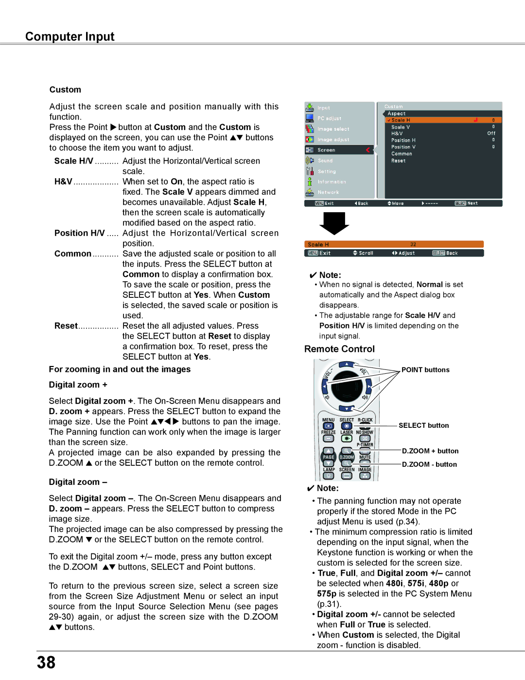 Eiki LC-XB200 owner manual Custom, Position H/V, For zooming in and out the images Digital zoom + 