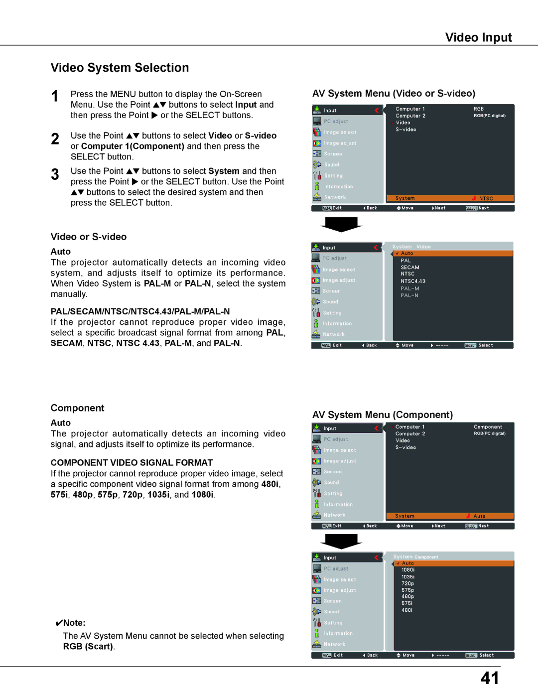 Eiki LC-XB200 Video Input Video System Selection, AV System Menu Video or S-video, Component AV System Menu Component 