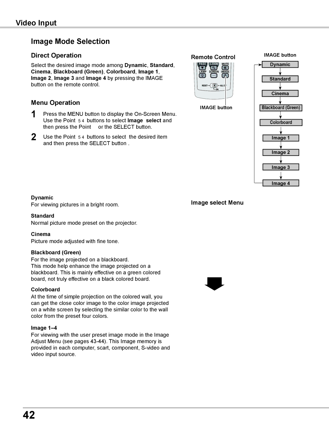 Eiki LC-XB200 owner manual Video Input Image Mode Selection, Cinema 