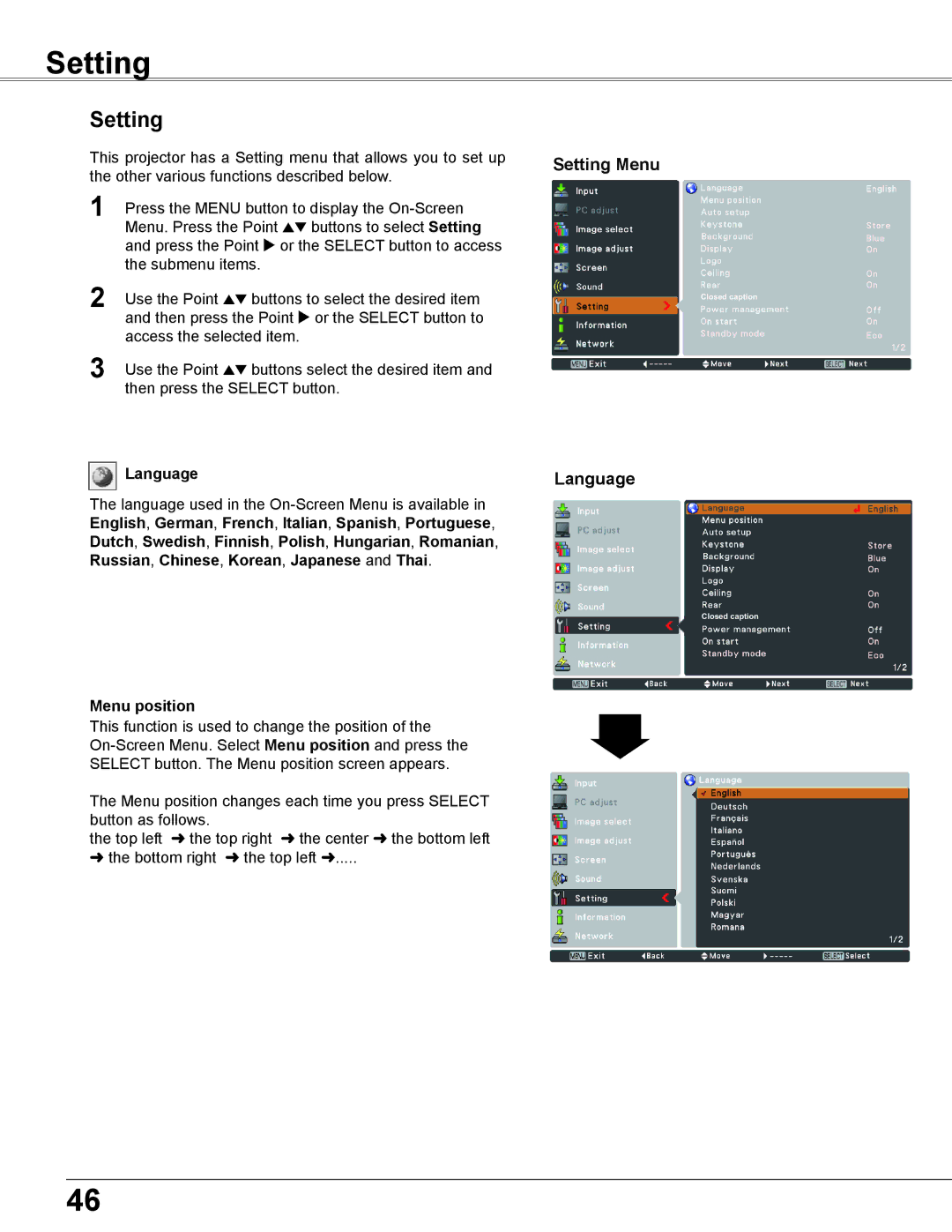 Eiki LC-XB200 owner manual Setting Menu, Language 