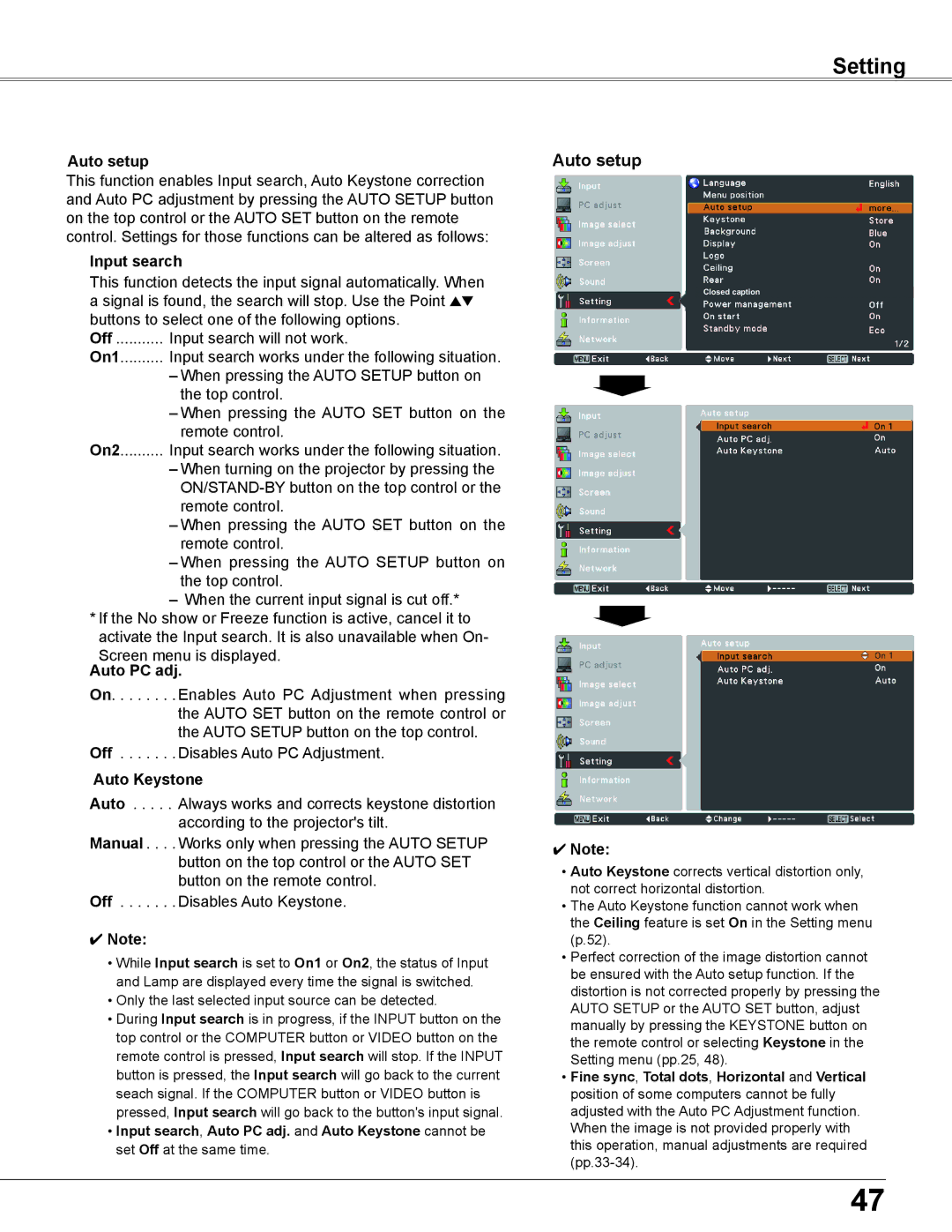 Eiki LC-XB200 owner manual Auto setup, Input search, Auto Keystone 