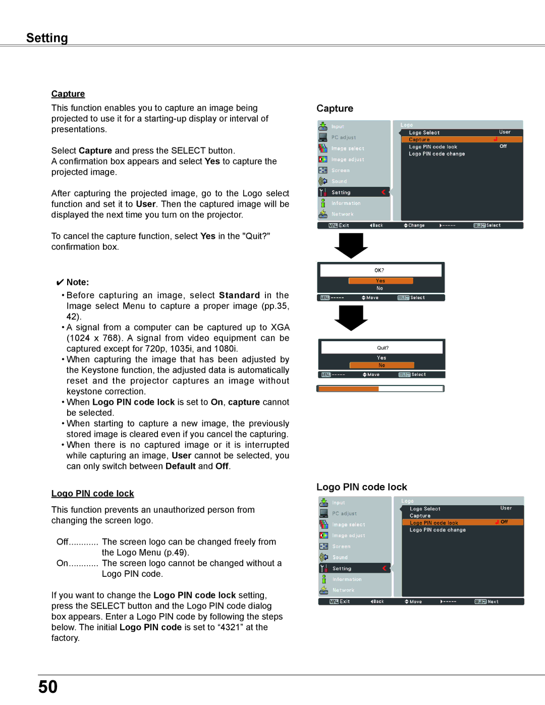 Eiki LC-XB200 owner manual Capture, Logo PIN code lock 