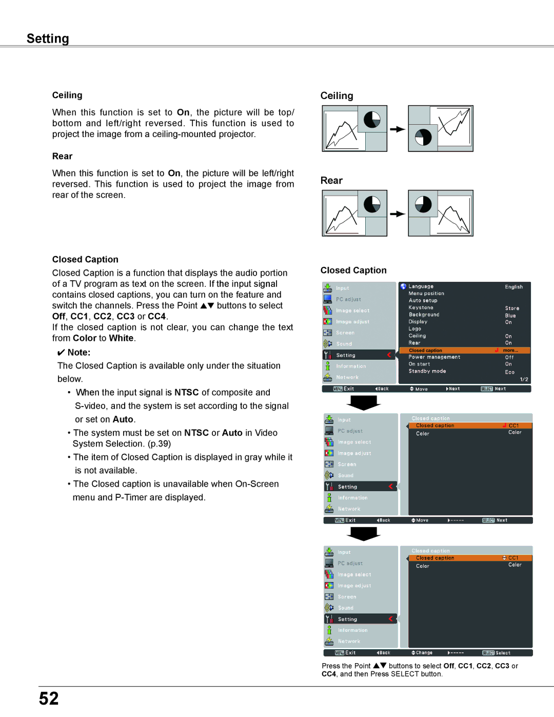 Eiki LC-XB200 owner manual Ceiling, Rear, Closed Caption 