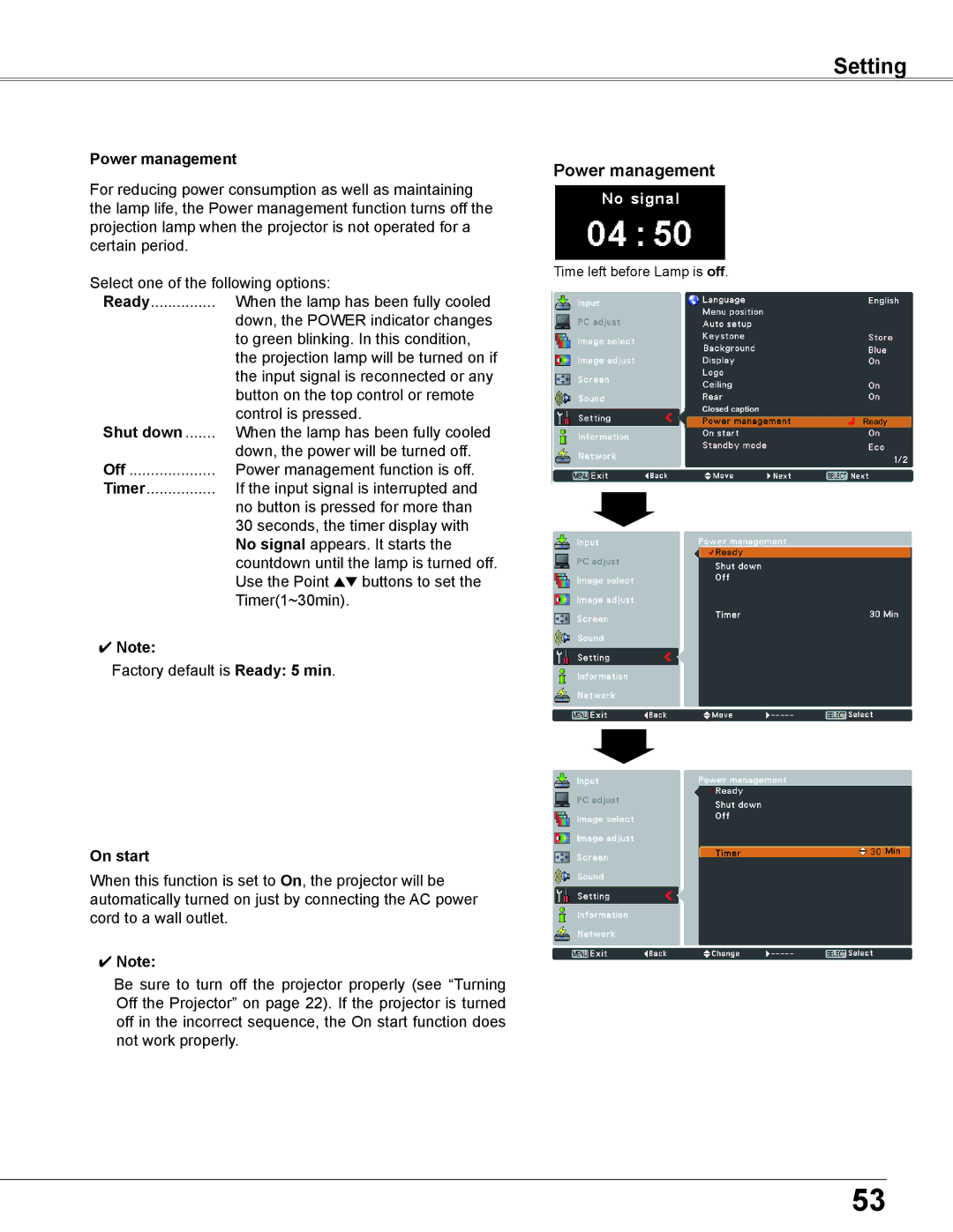 Eiki LC-XB200 owner manual Power management, Shut down, On start 