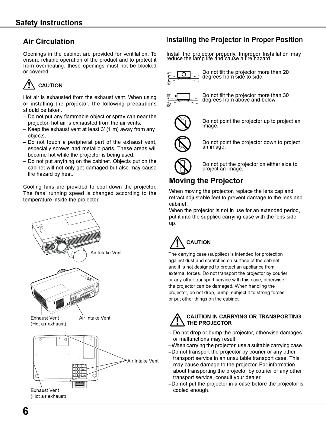 Eiki LC-XB200 Safety Instructions Air Circulation, Installing the Projector in Proper Position, Moving the Projector 