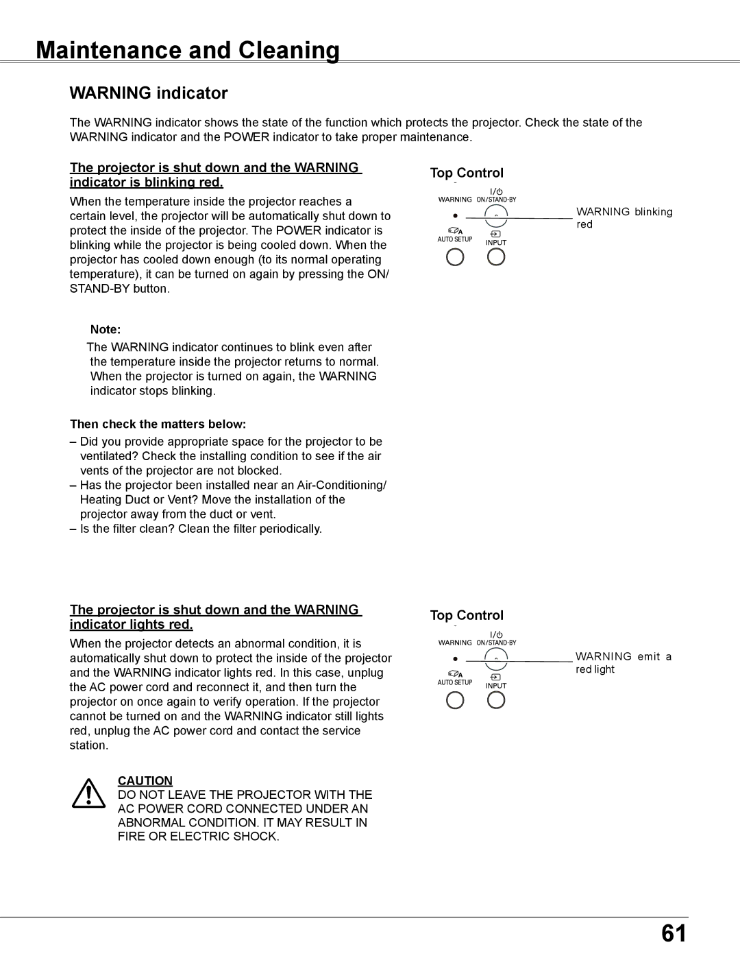 Eiki LC-XB200 owner manual Maintenance and Cleaning, Projector is shut down and the Warning, Indicator is blinking red 