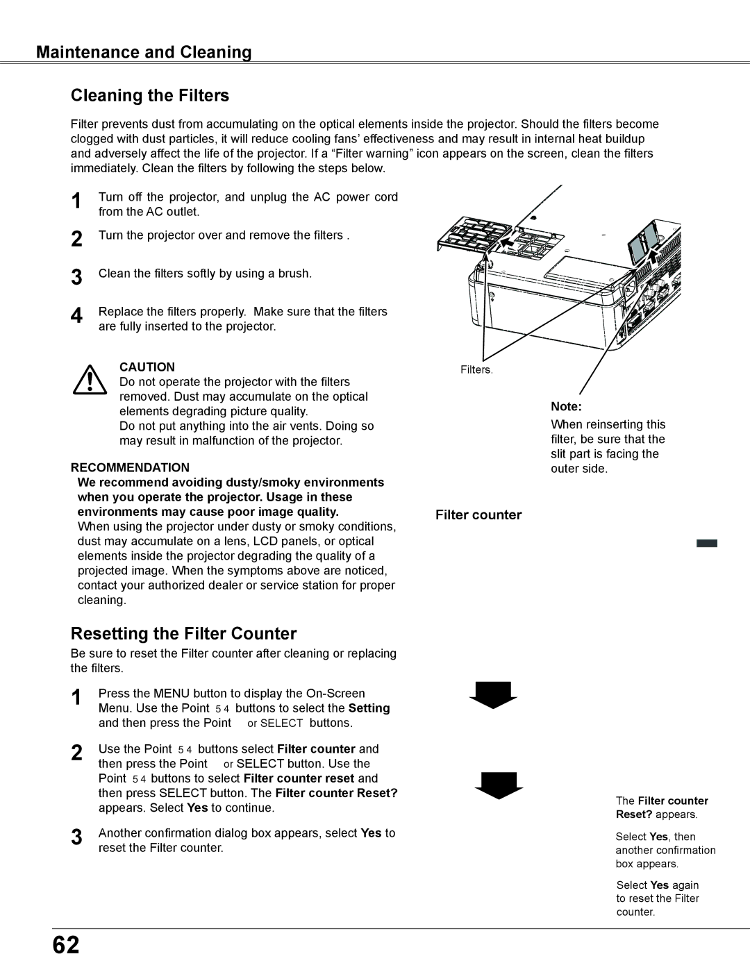 Eiki LC-XB200 owner manual Maintenance and Cleaning Cleaning the Filters, Resetting the Filter Counter 