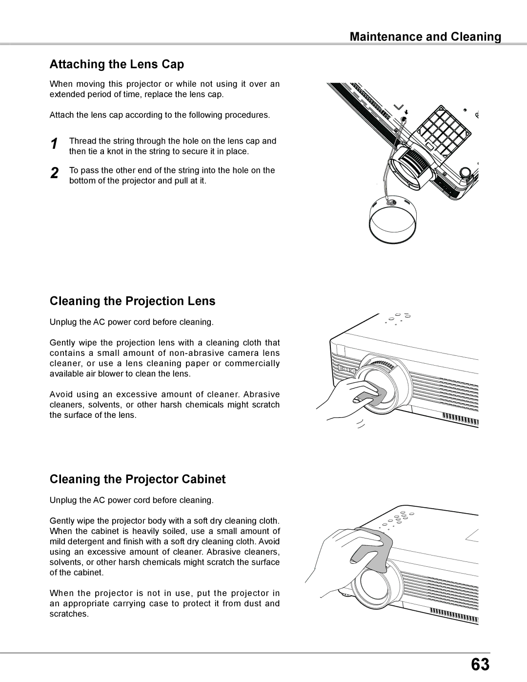 Eiki LC-XB200 owner manual Maintenance and Cleaning Attaching the Lens Cap, Cleaning the Projection Lens 