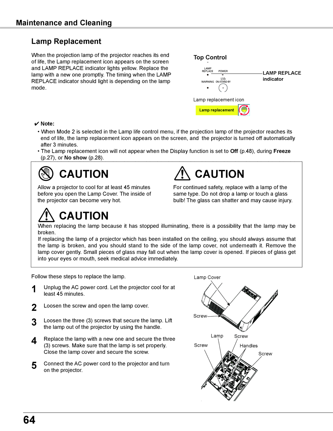 Eiki LC-XB200 owner manual Maintenance and Cleaning Lamp Replacement, Top Control 