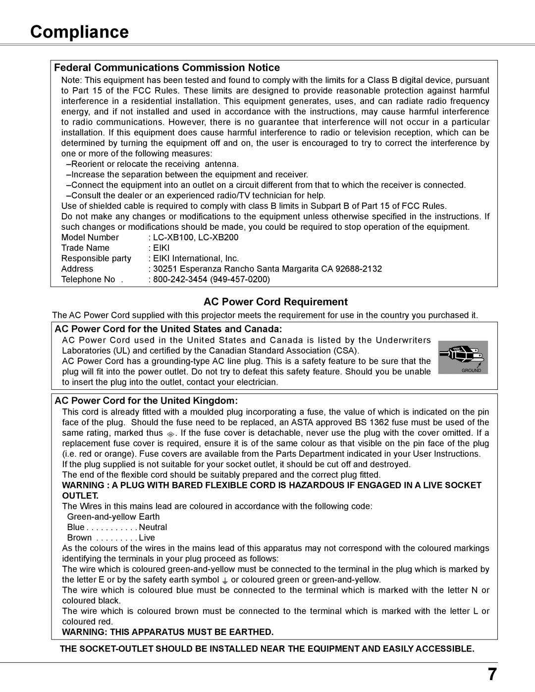 Eiki LC-XB200 owner manual Compliance, Federal Communications Commission Notice, AC Power Cord Requirement 